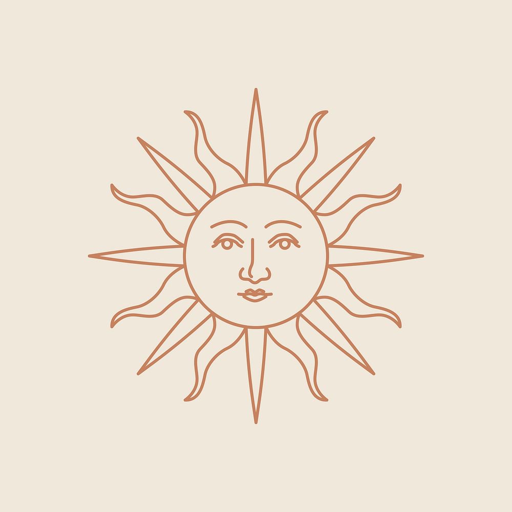 Antique sun with face vector linear style on beige background
