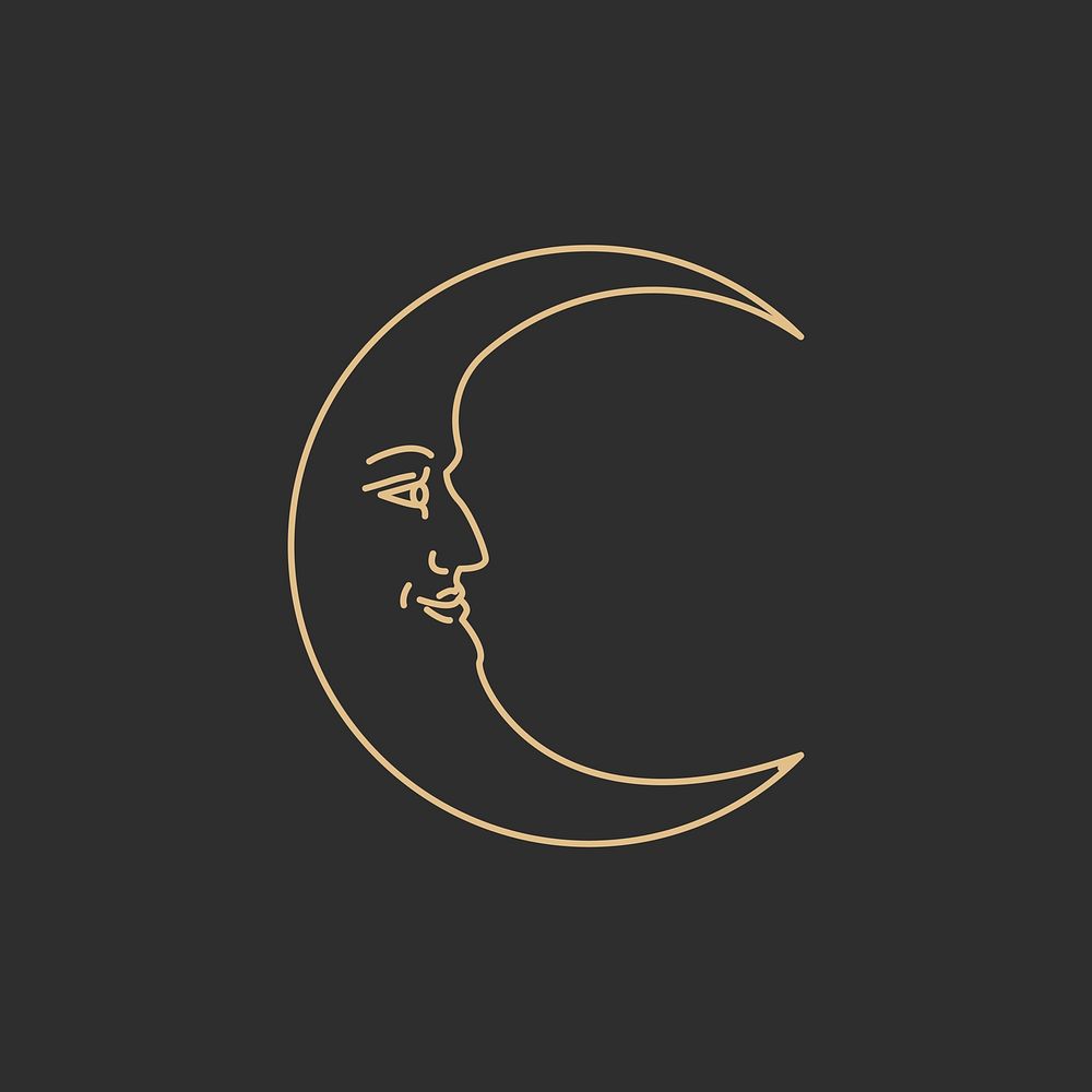 Crescent moon with face vector celestial linear style on black background