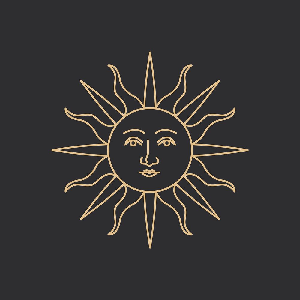 Celestial sun with face psd antique linear style on black background