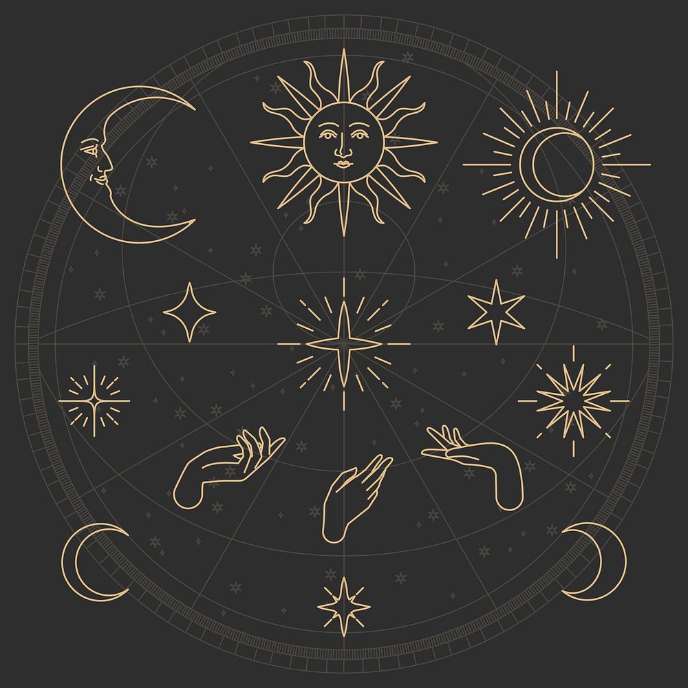 Celestial object vector golden sketch collection on black background
