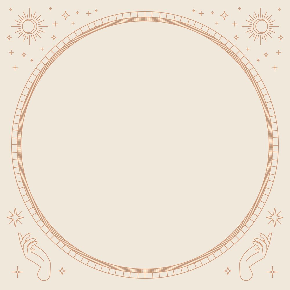 Two mystic hands vector round frame linear style on beige background