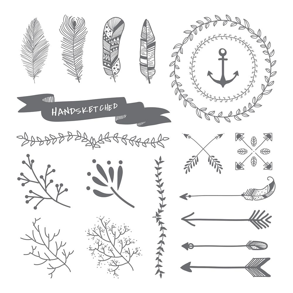 Gray hand sketched badges and banners ornaments vector set