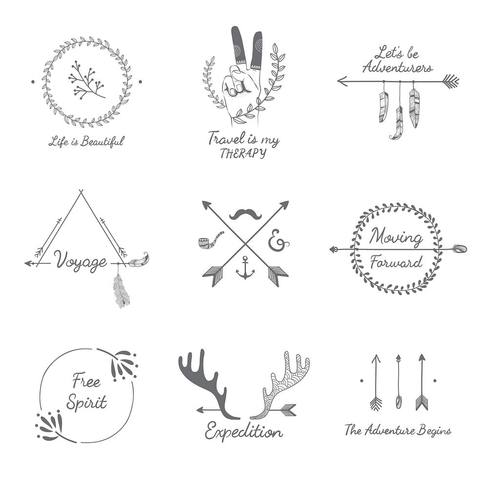 Travel quotes with hand sketched badges ornament vector set