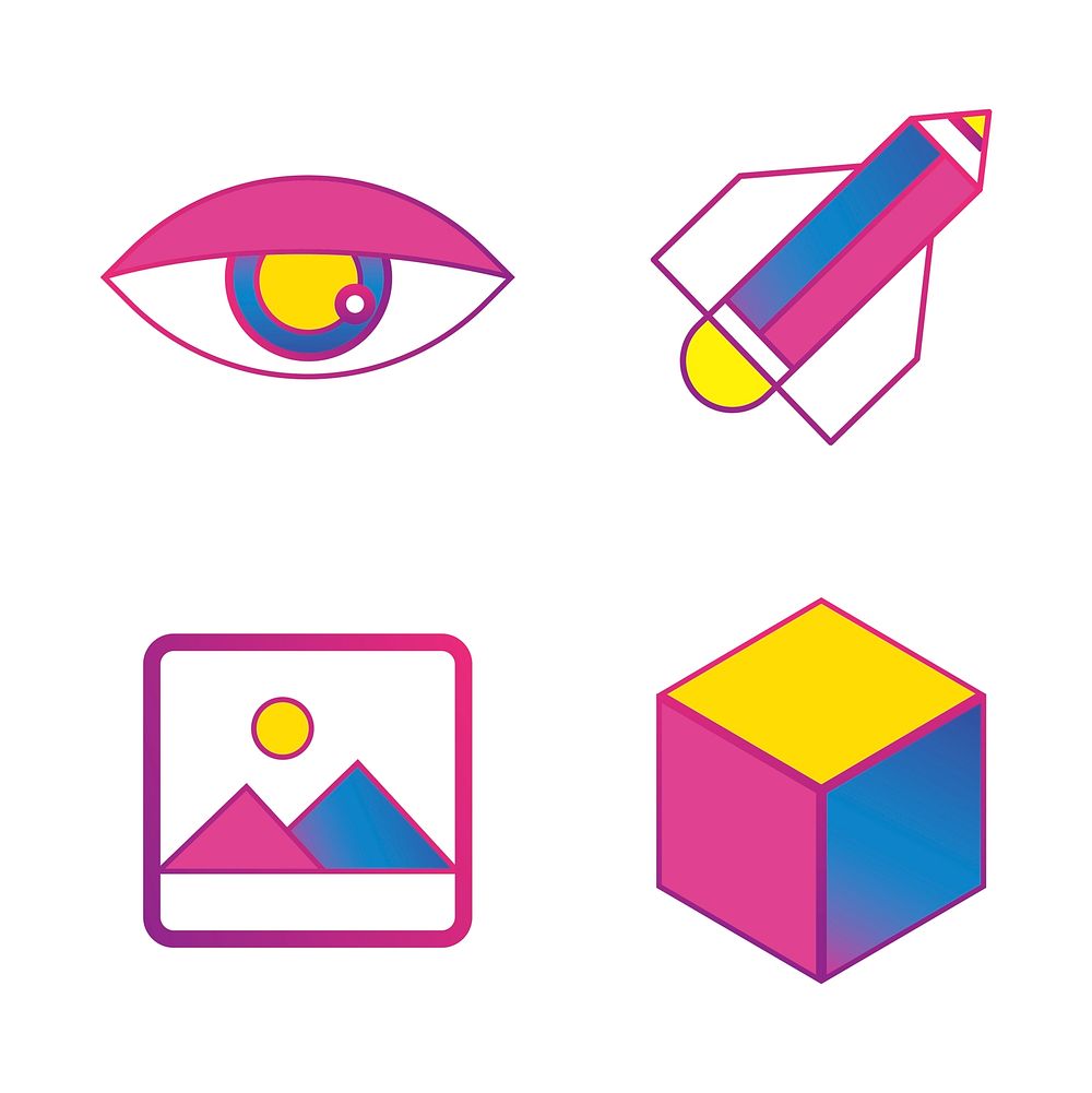 Illustration of gallery, eye, pencil rocket and cube vector
