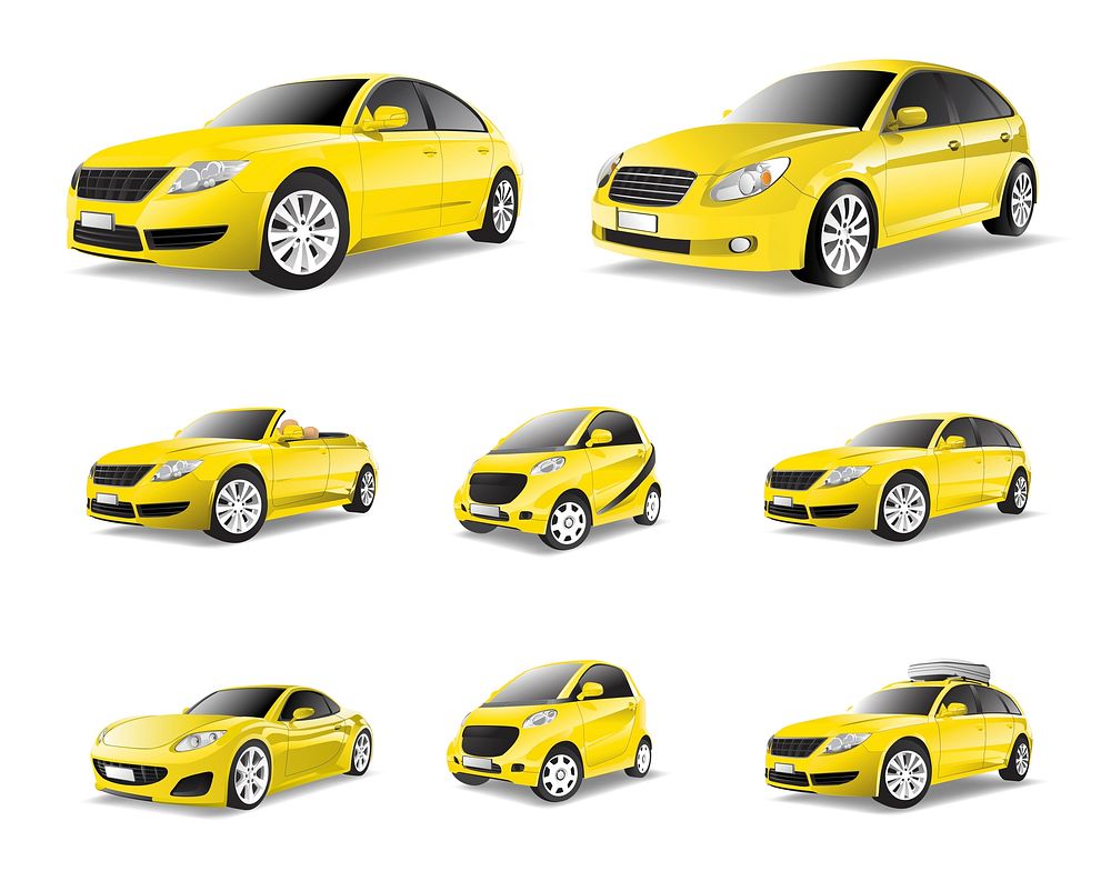 Three dimensional image of yellow car isolated on white background