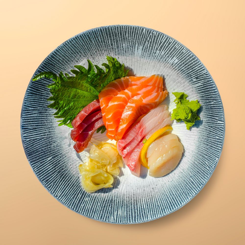 Sashimi on plate, food photography, flat lay style
