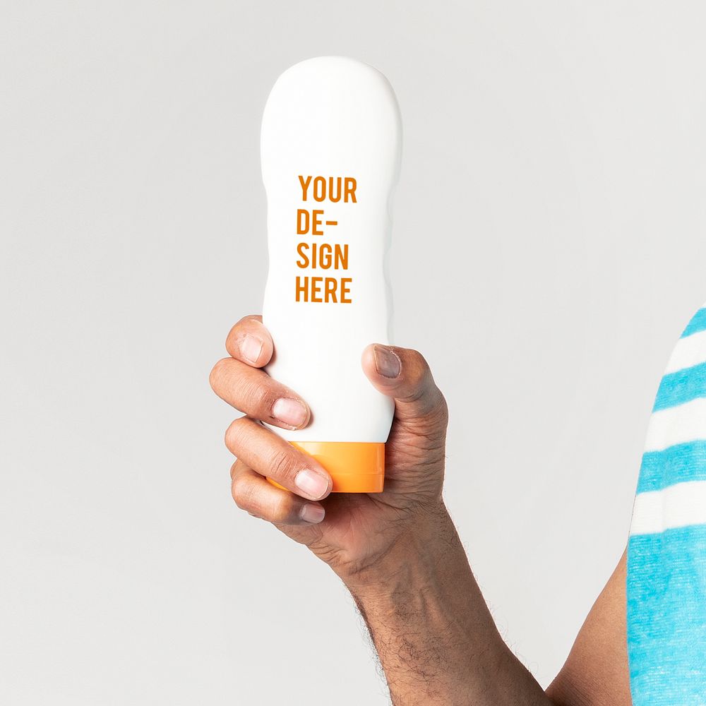 Senior African American man holding a sunscreen lotion bottle mockup