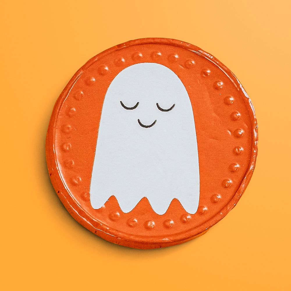 Halloween ghost on an orange badge mockup sticker design resource