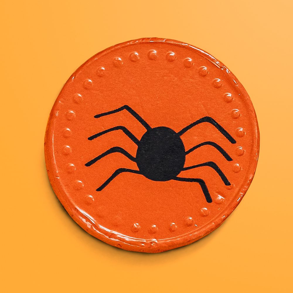 Halloween black spider on an orange badge mockup sticker design resource