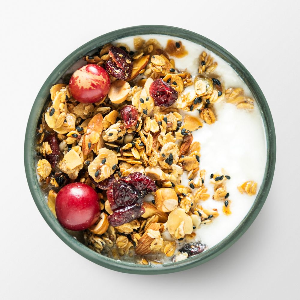 Yogurt bowl on white background, food photography, flat lay style