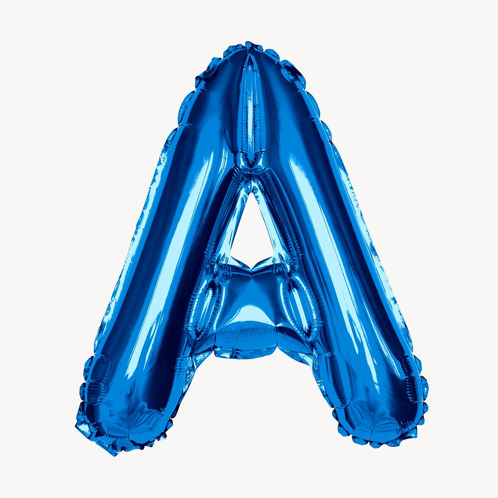 Capital letter A, blue foil balloon isolated on off white background