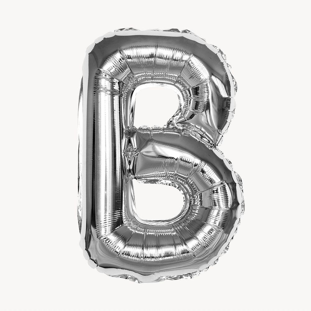 Capital letter B, silver foil balloon isolated on off white background