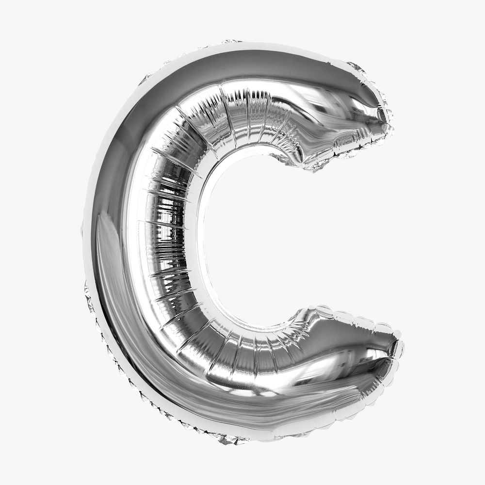 Capital letter C, silver foil balloon isolated on off white background