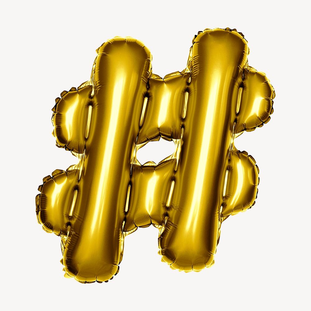 Hashtag symbol balloon, gold design psd