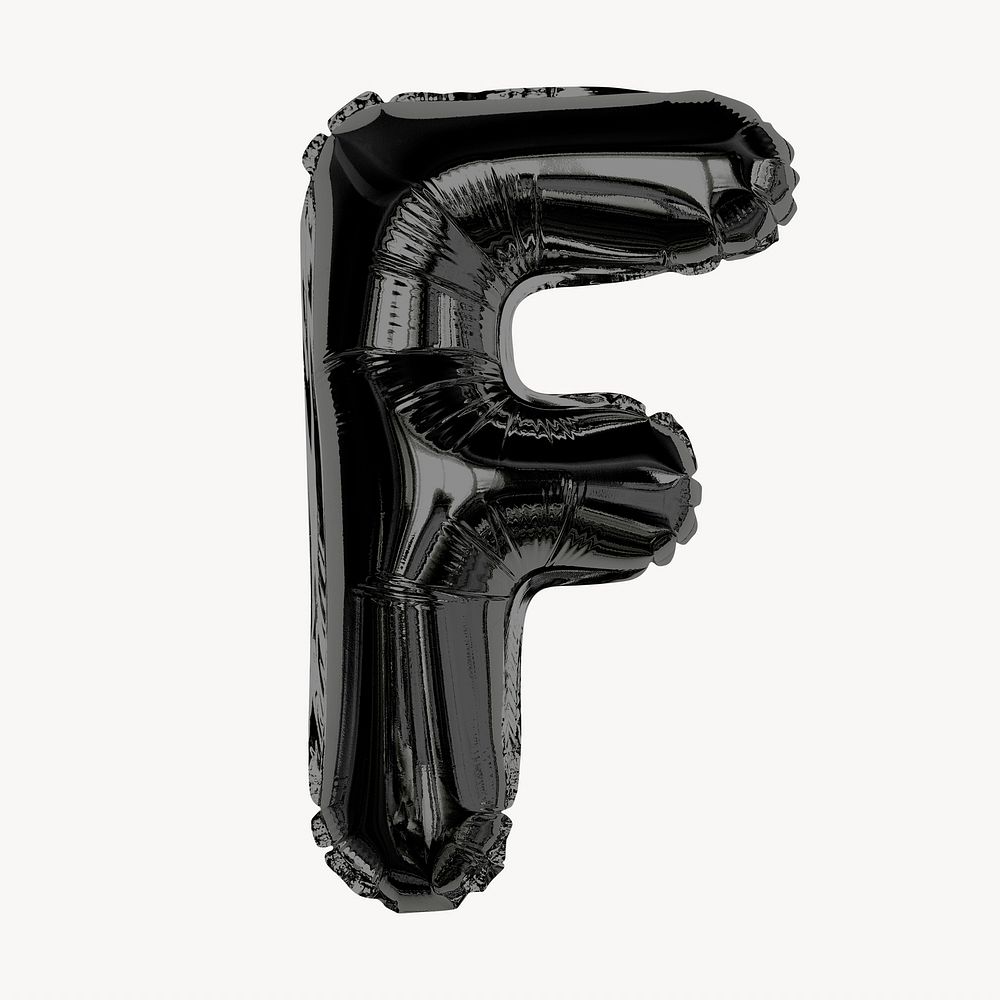 Black foil balloon F letter isolated, alphabet design