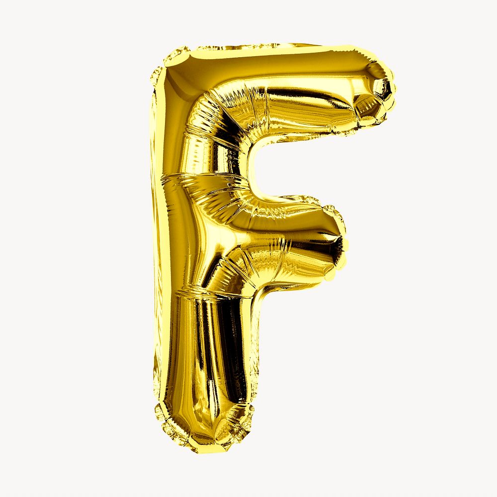Capital letter F, gold foil balloon isolated on off white background