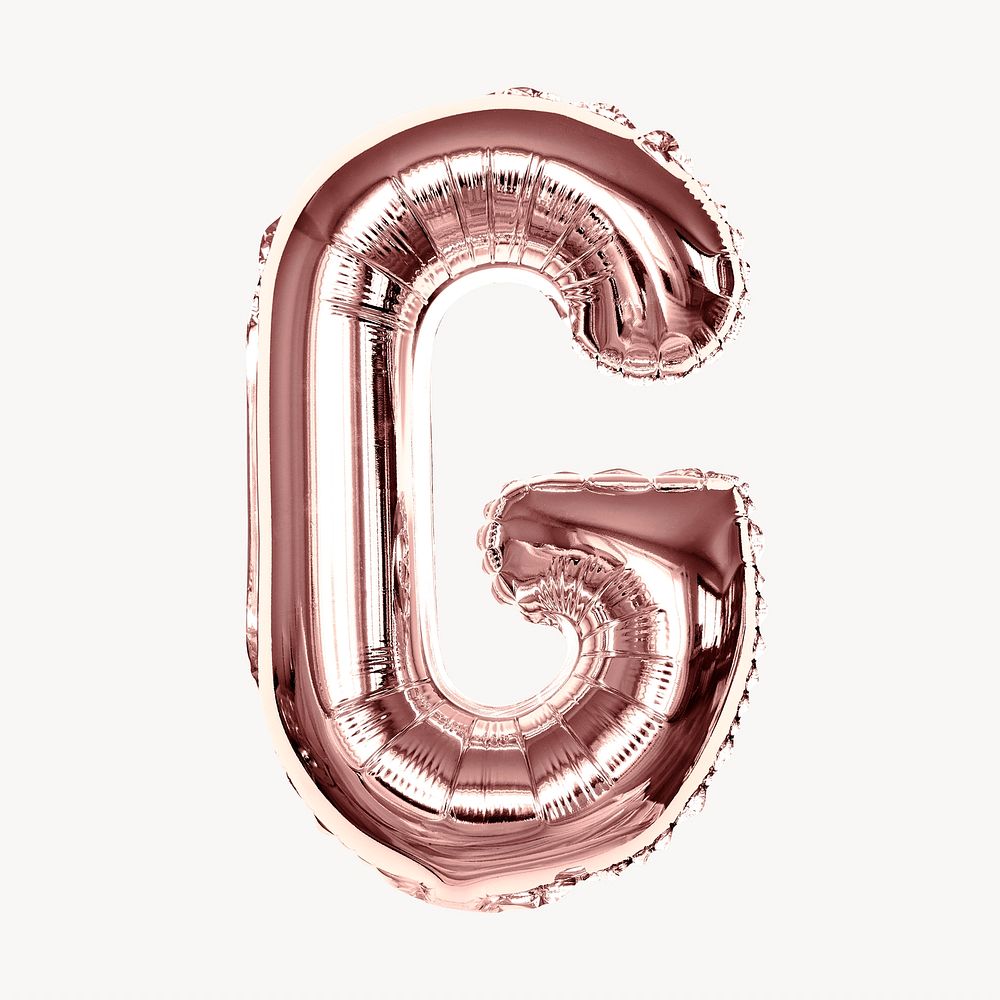 Capital letter G, rose gold foil balloon isolated on off white background