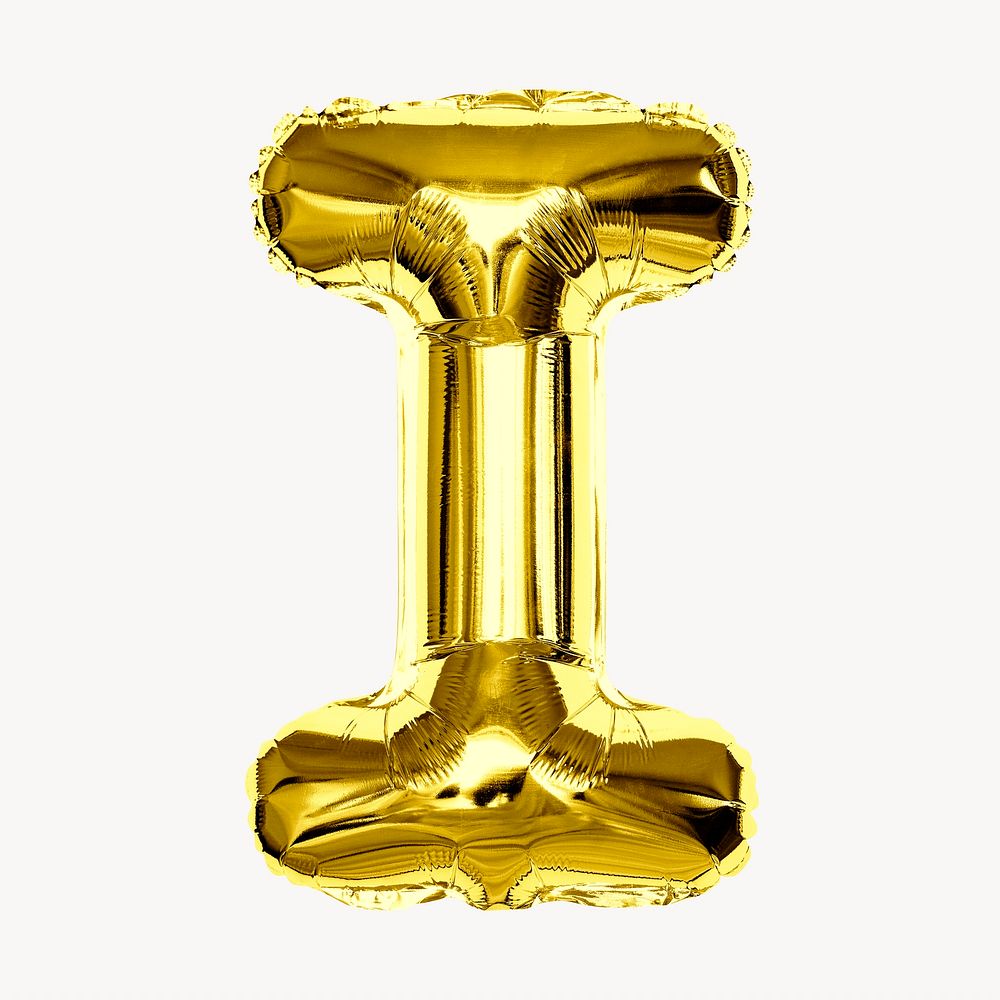 Capital letter I, gold foil balloon isolated on off white background