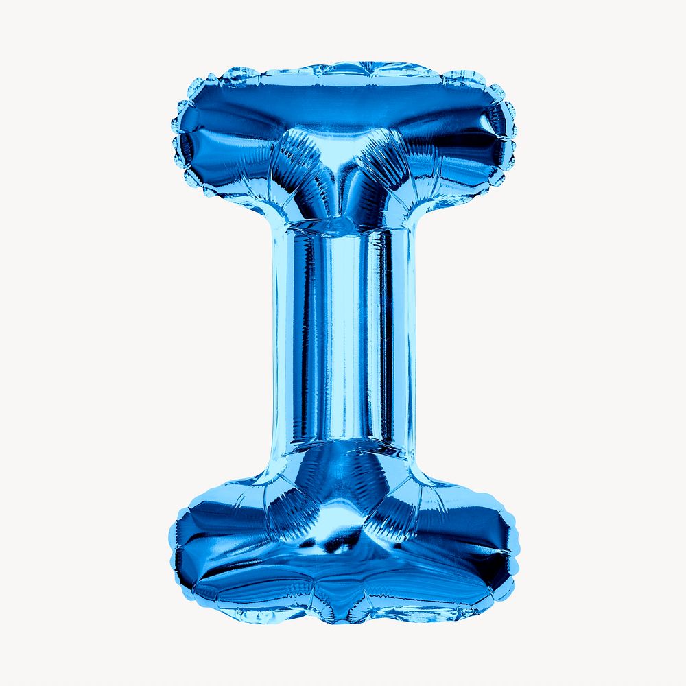 Capital letter I, blue foil balloon isolated on off white background