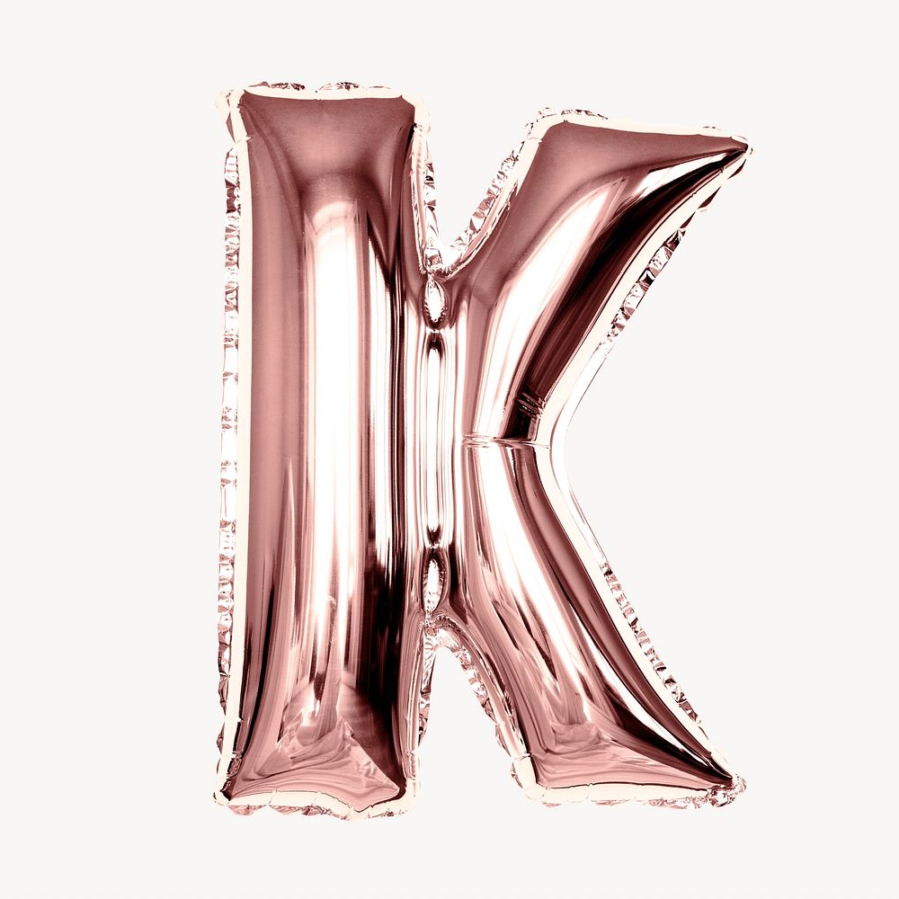 Capital letter K, pink foil balloon isolated on off white background