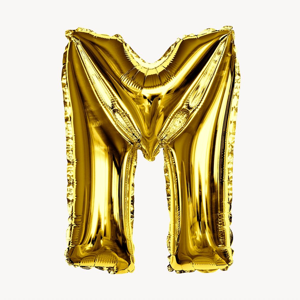 M alphabet gold balloon isolated on off white background