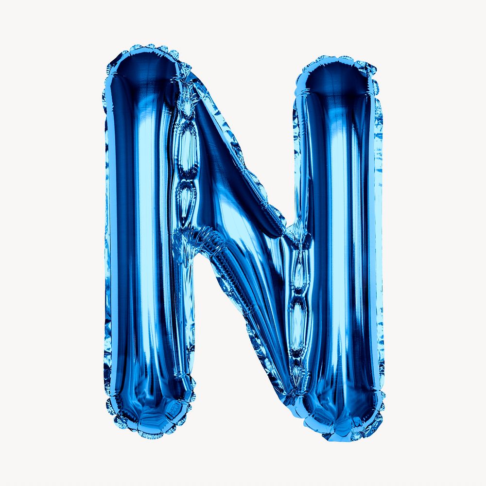 Capital letter N, blue foil balloon isolated on off white background
