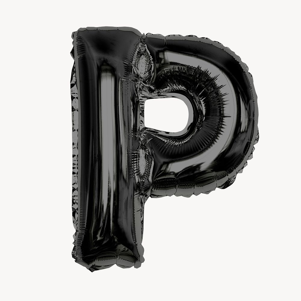 Black P letter, foil balloon isolated, alphabet design