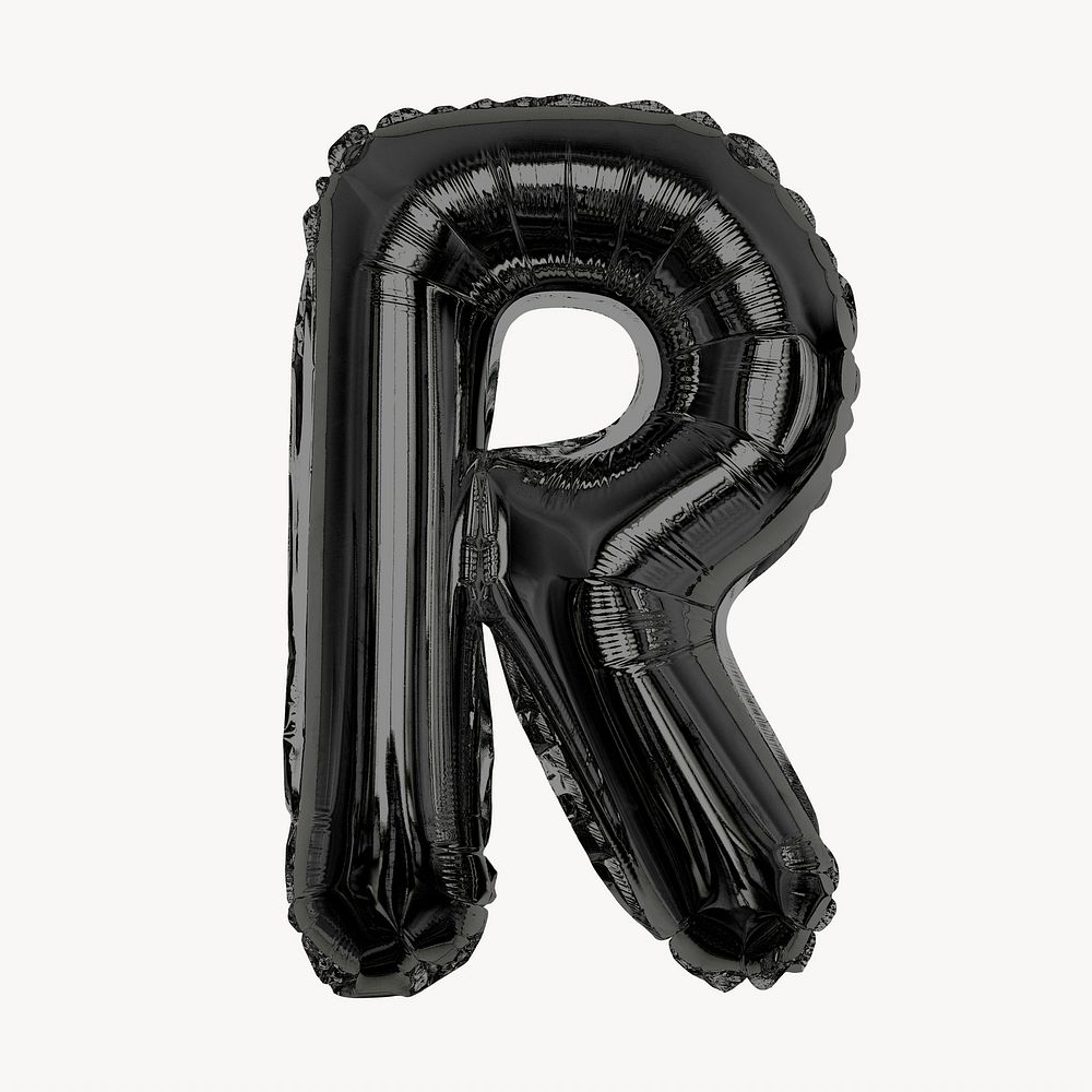 Black R letter, foil balloon isolated, alphabet design