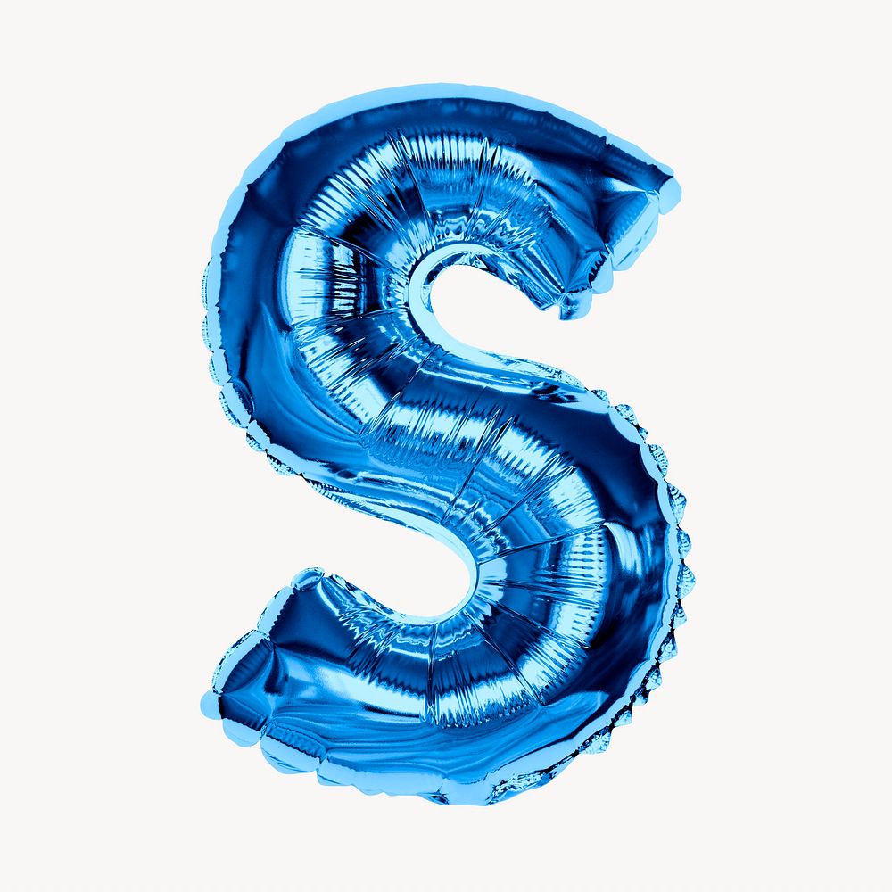 Capital letter S, blue foil balloon isolated on off white background