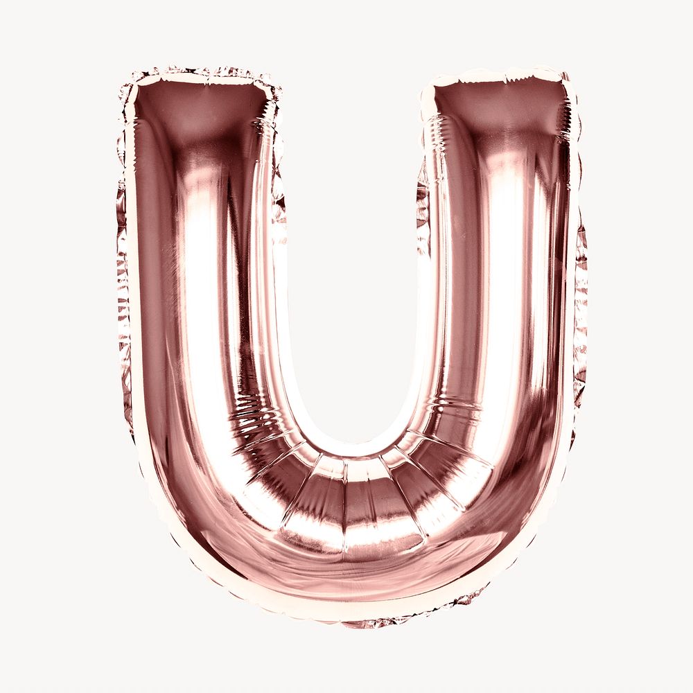 Capital letter U, rose gold foil balloon isolated on off white background