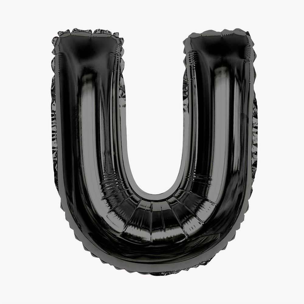 Black U letter, foil balloon isolated, alphabet design