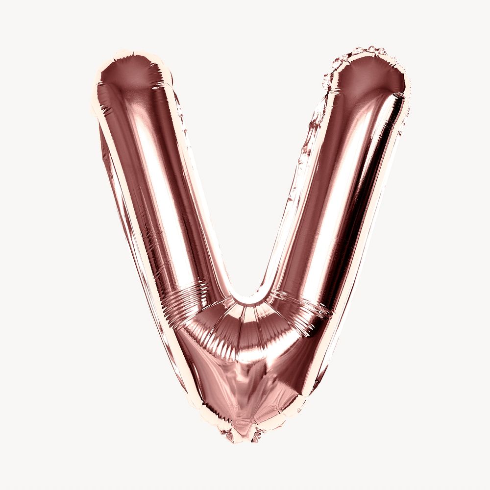 Capital letter V, rose gold foil balloon isolated on off white background
