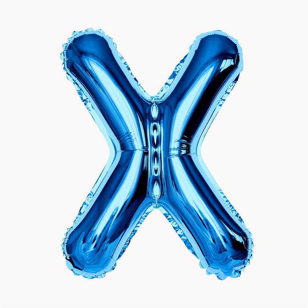 Capital letter X, blue foil balloon isolated on off white background