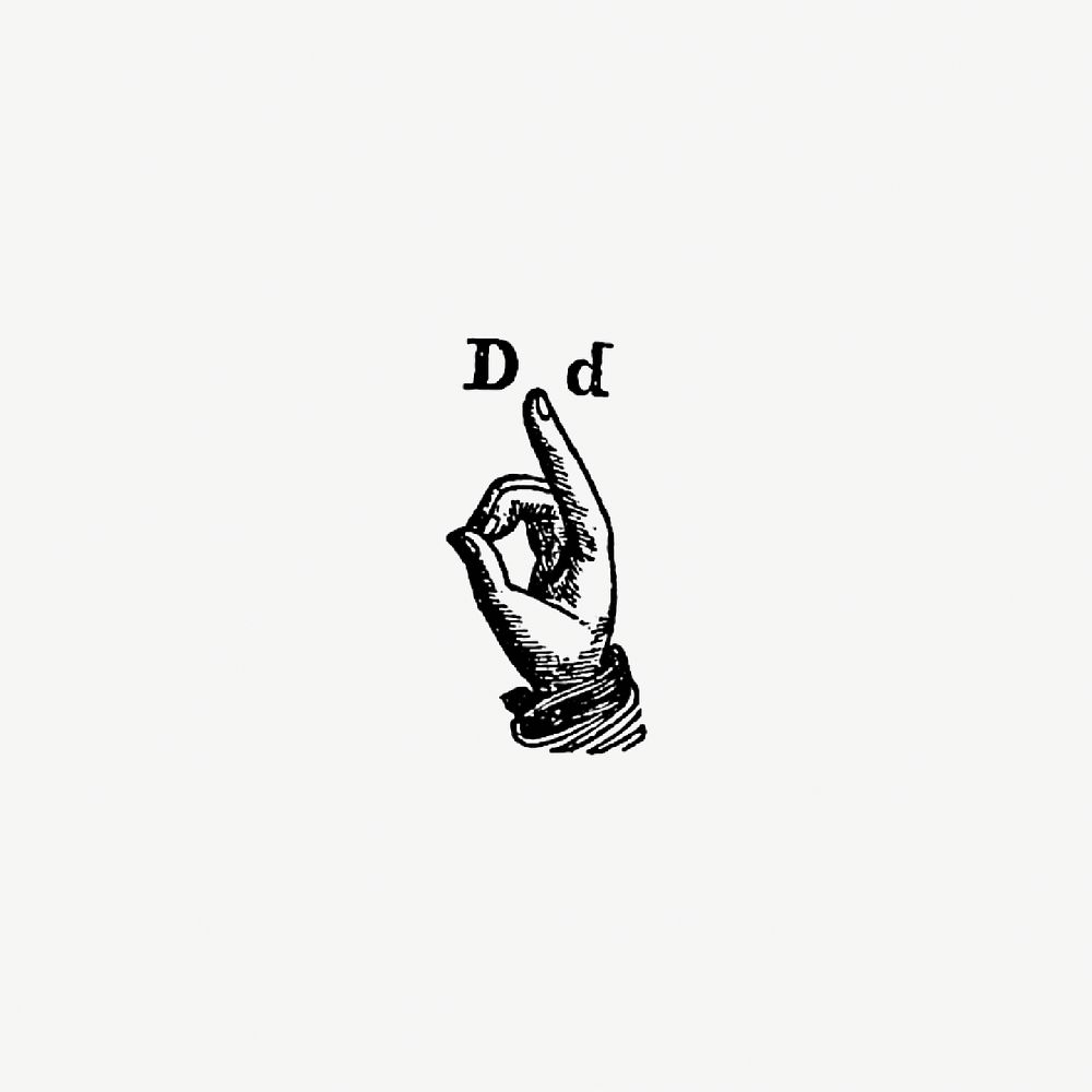 Sign language for letter D from What I saw in New York; or, a Bird's-eye view of City Life (1851) published by Joel Ross.…