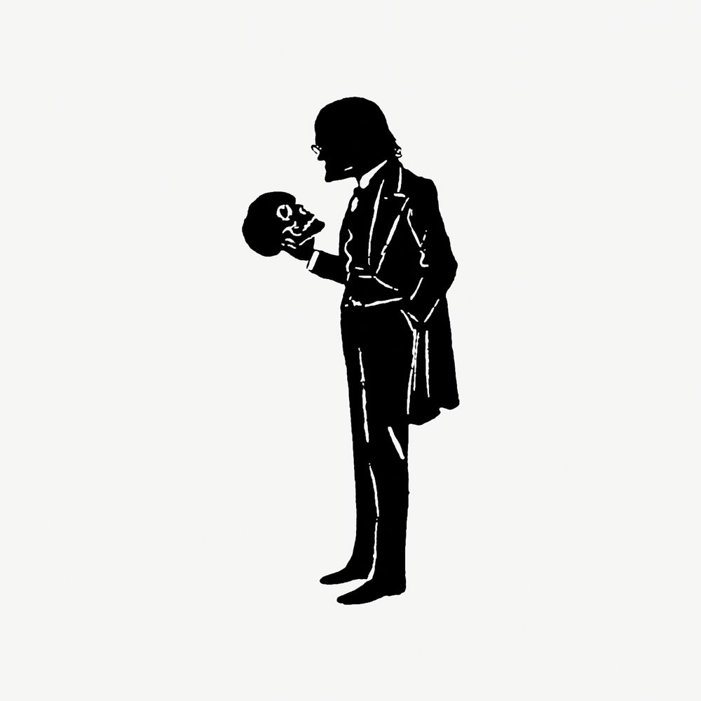 Male silhouette holding a skull from Mr.Grant Allen's New Story Michael's Crag With Marginal Illustrations in Silhouette…