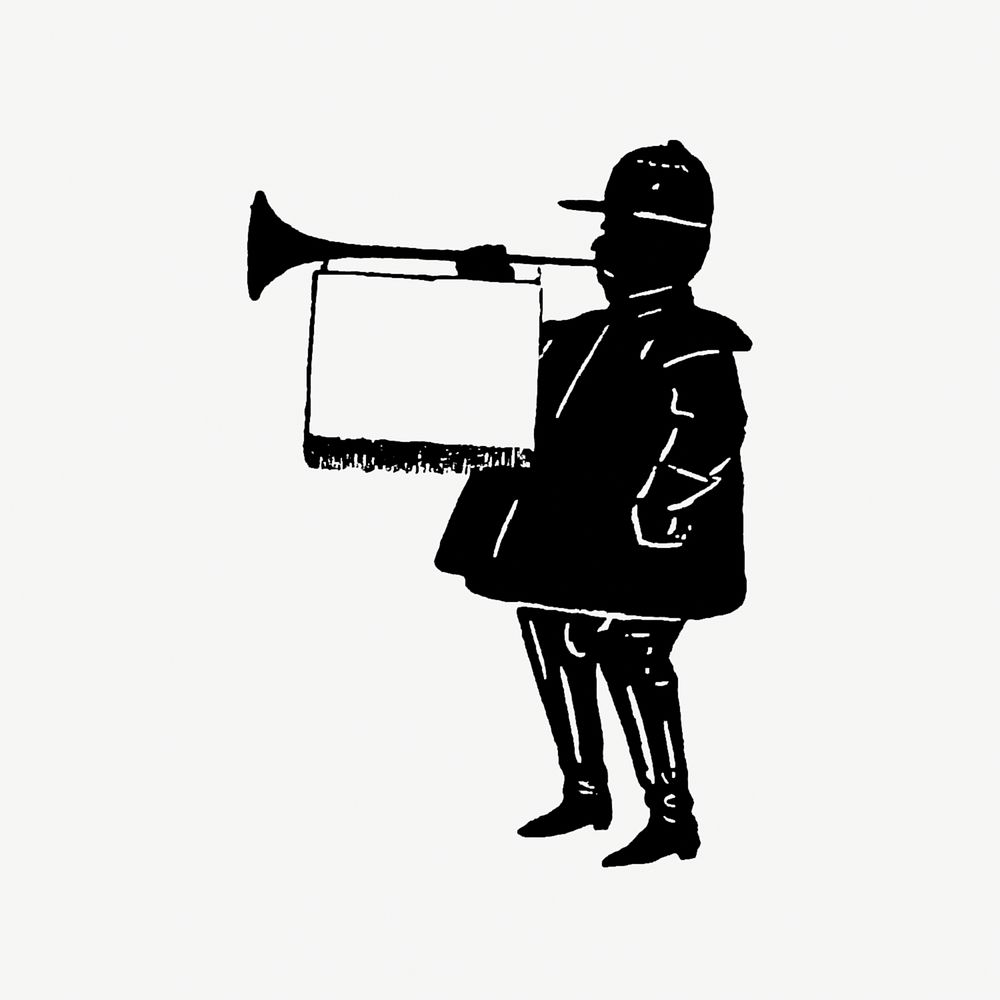 Male silhouette with a trumpet and a banner from Mr.Grant Allen's New Story Michael's Crag With Marginal Illustrations in…