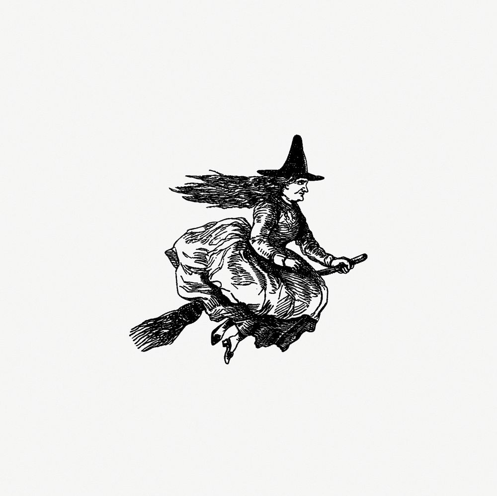 Drawing of a witch riding a broomstick