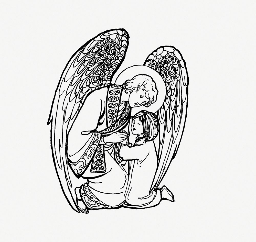 Drawing of a kid praying to an angel