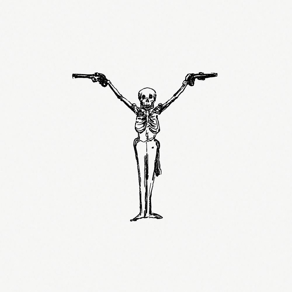 Drawing of a skeleton holding guns