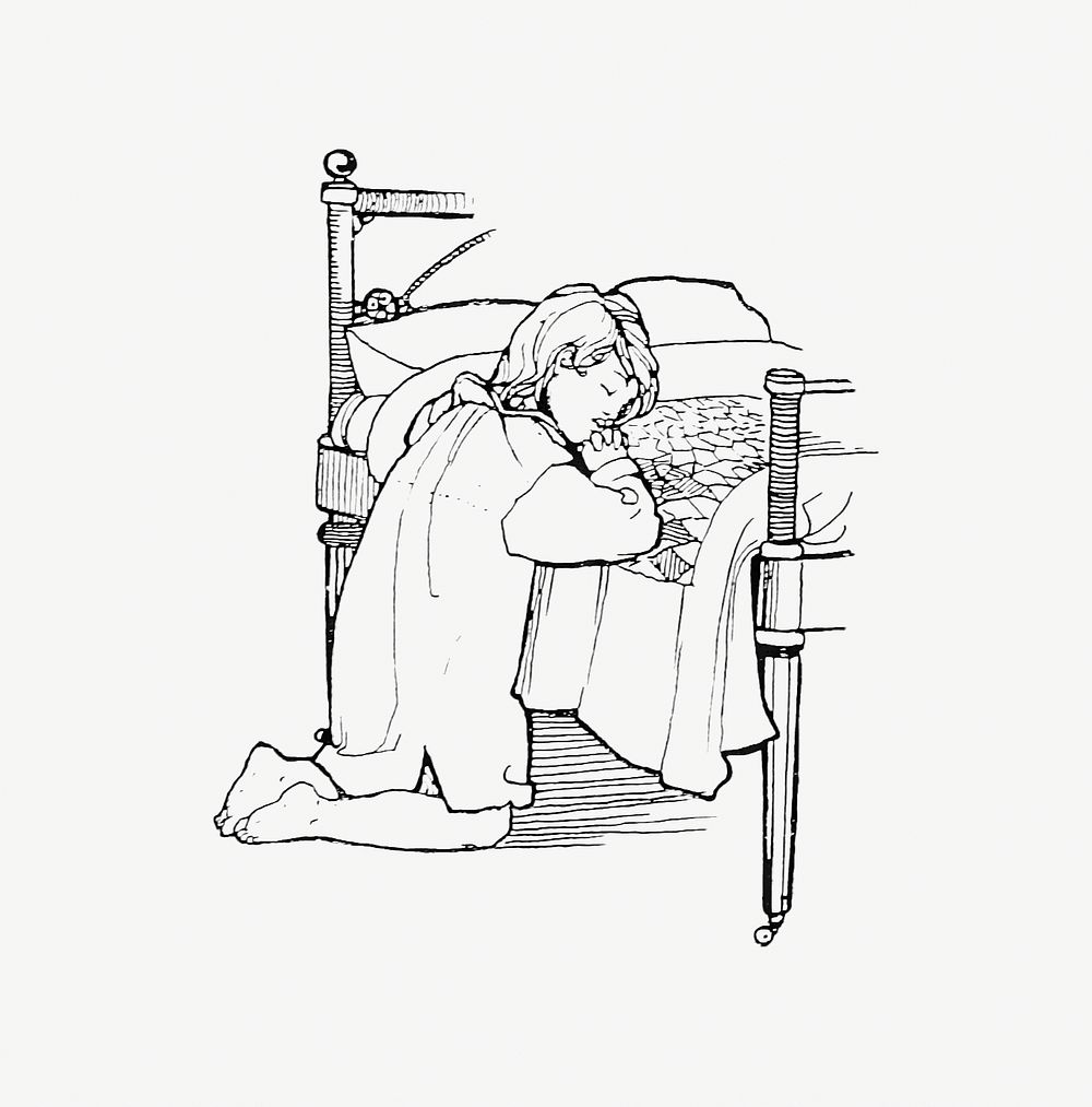 Drawing of a young girl praying before bed