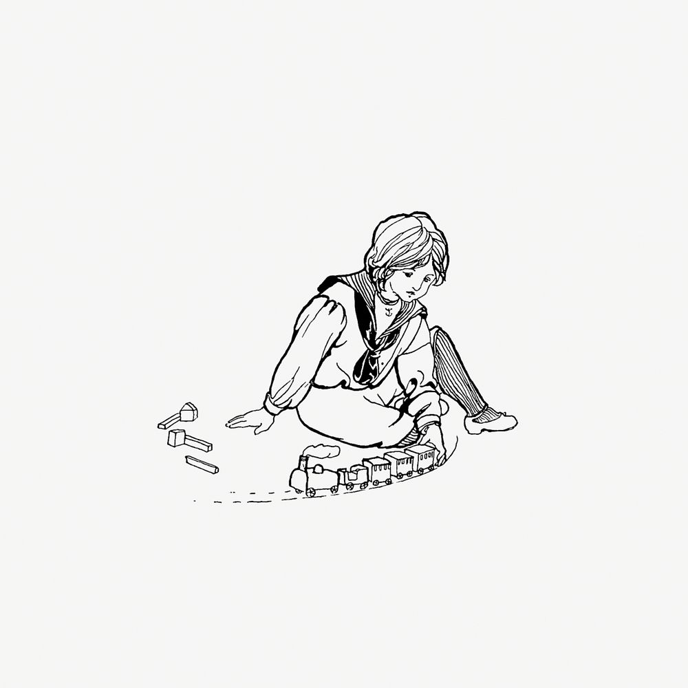 Drawing of a kid playing train toys
