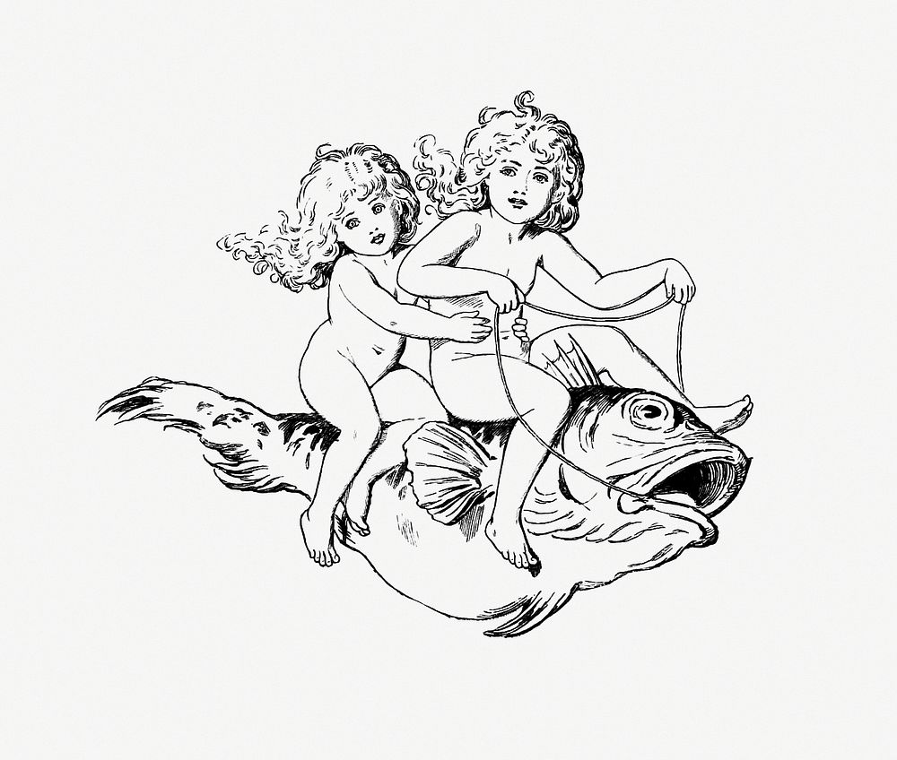 Babies riding on a fish from Three Sunsets, And Other Poems... WIth Twelve Fairy-Fancies published by Macmillan & Co.…