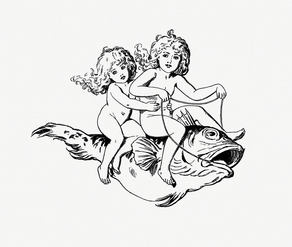 Babies riding on a fish from Three Sunsets, And Other Poems... WIth Twelve Fairy-Fancies published by Macmillan & Co.…