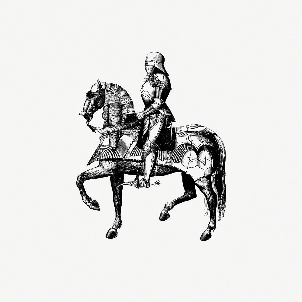 Vintage Victorian style armored knight riding a horse engraving