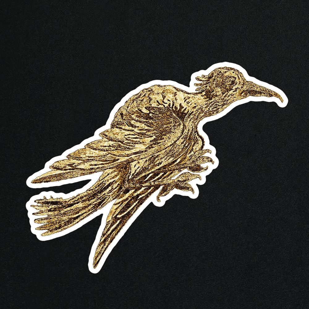 Vintage gold bird  sticker with white border
