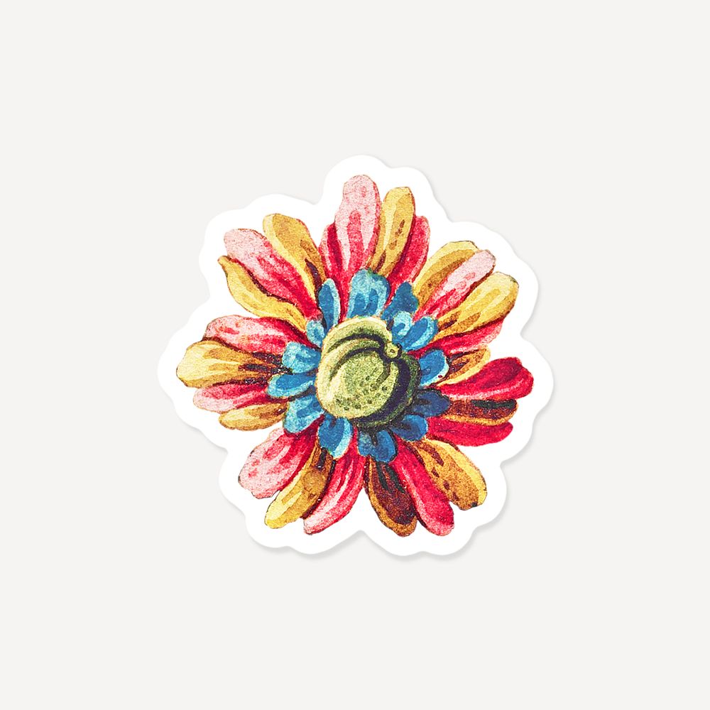 Vintage colorful flower sticker with white border