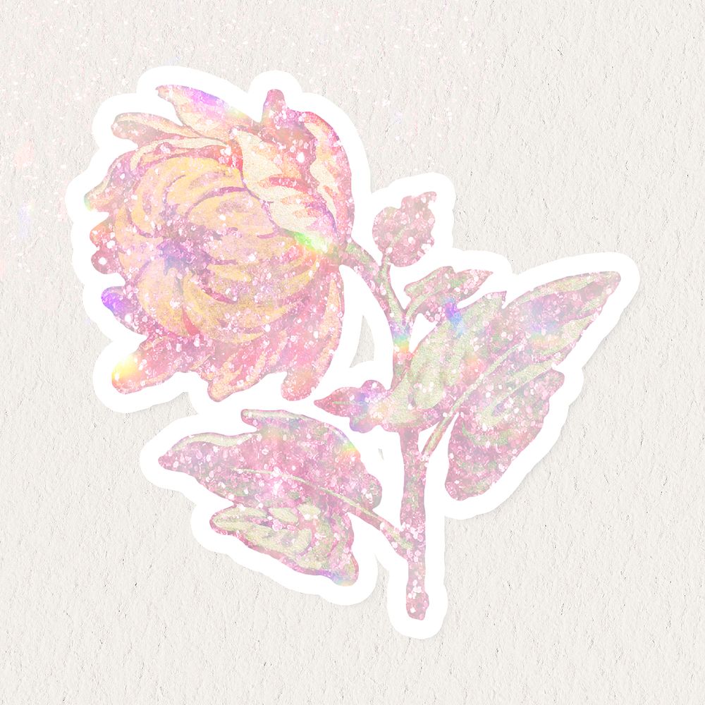 Vintage pink holographic flower sticker with white border