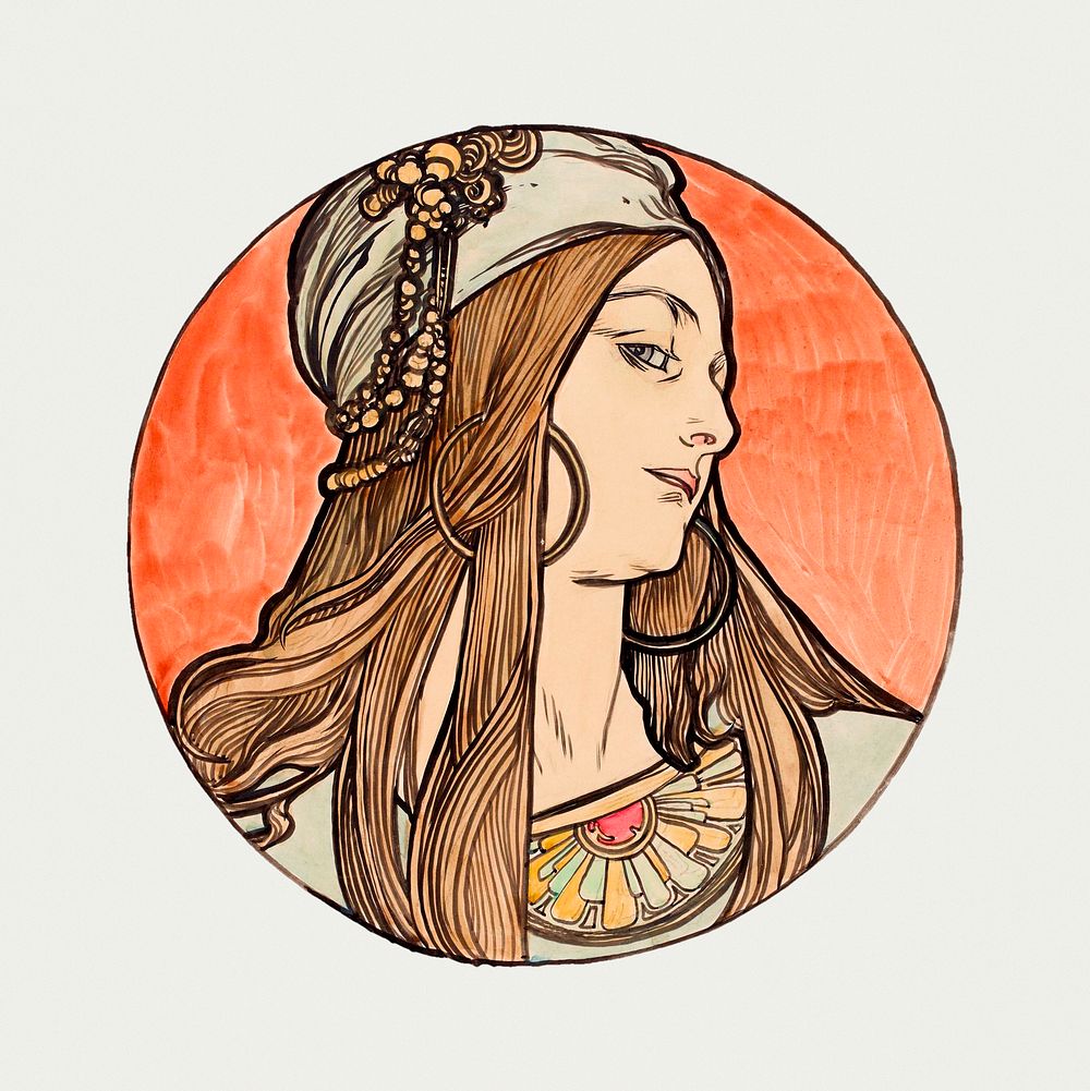 Art nouveau retro woman psd illustration, remixed from the artworks of Alphonse Maria Mucha