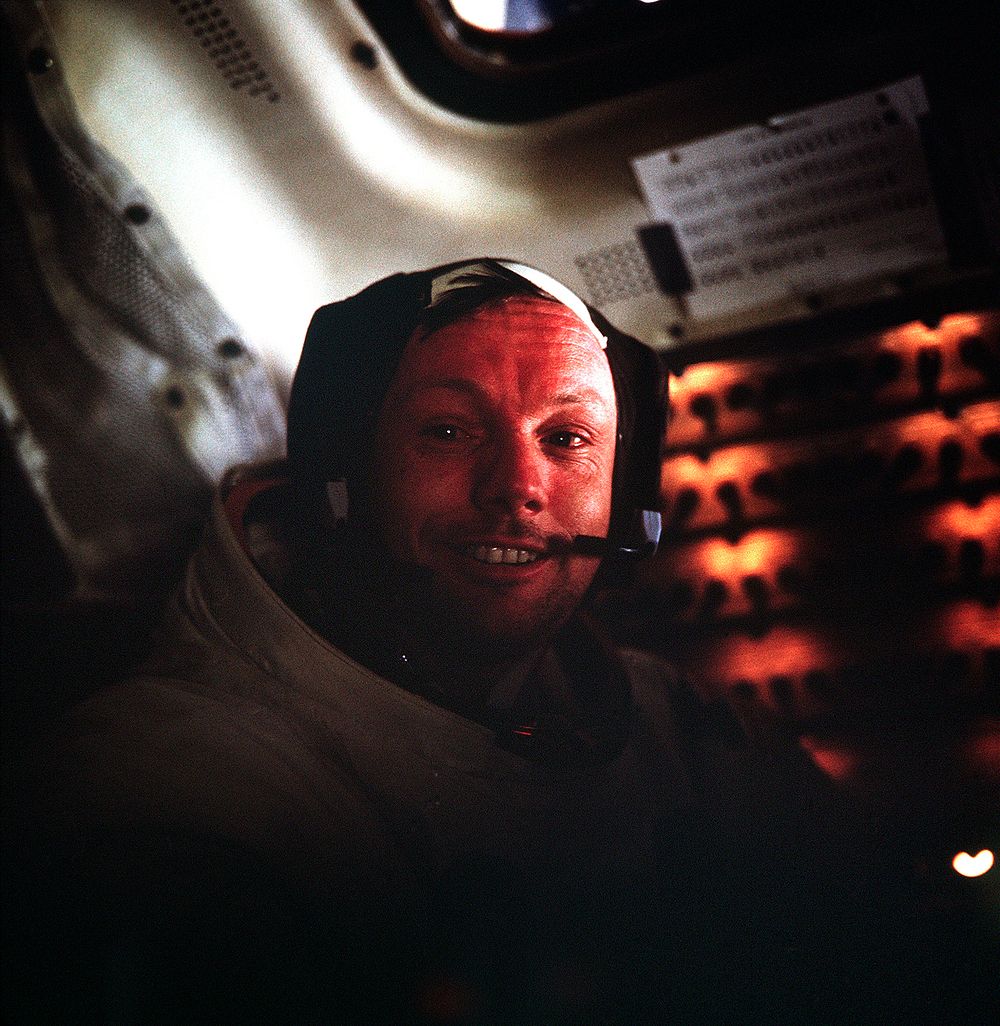 Astronaut Neil A. Armstrong in the Lunar Module (LM) while the LM rested on the lunar surface. This picture was taken after…