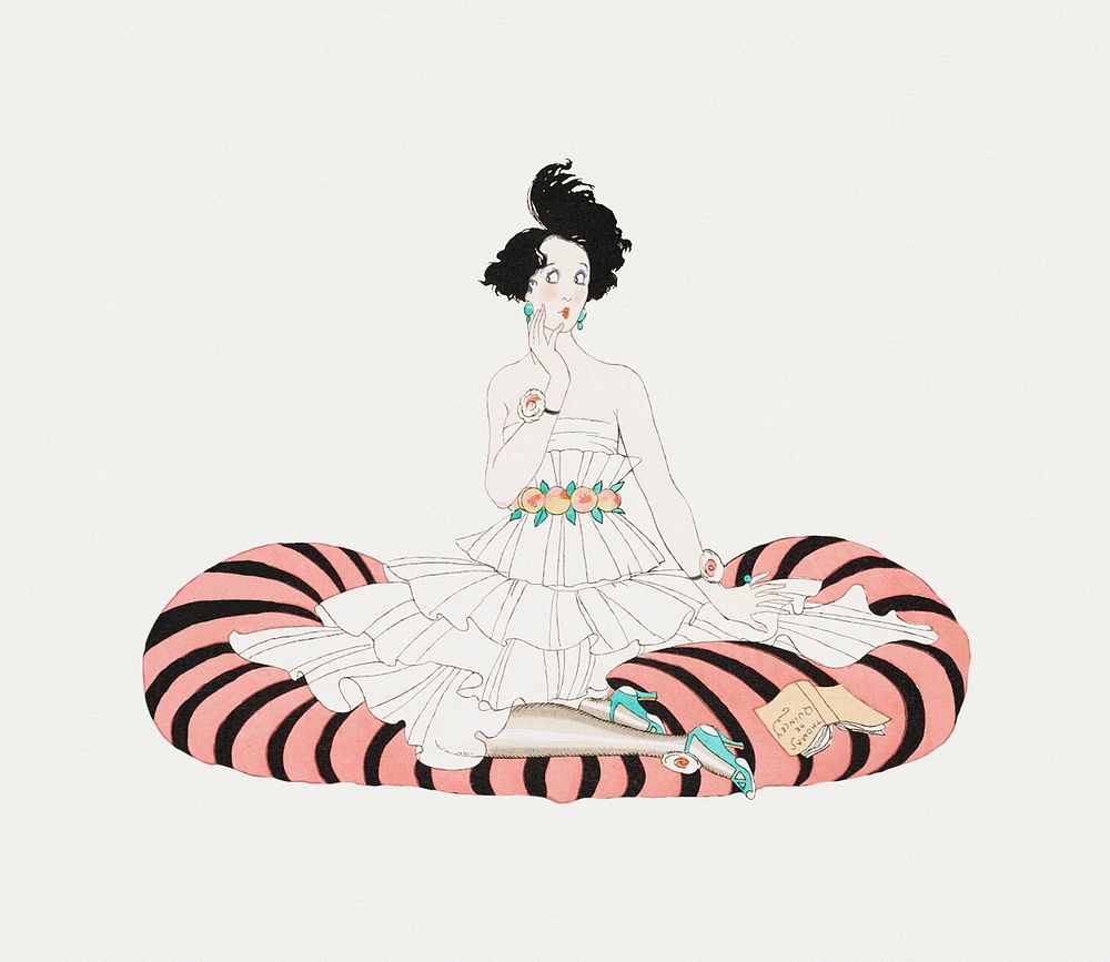 Woman in white dress sitting on a carpet 19th century fashion, remix from artworks by George Barbier